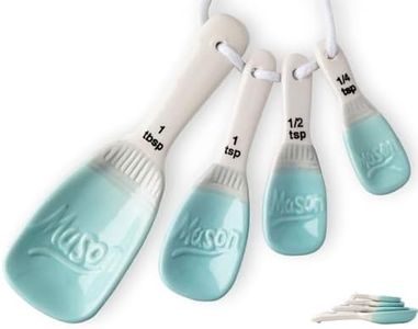 Ceramic Mason Jar Measuring Spoons – Aqua Blue, Decorative Tablespoons that Nest– 4 Rustic Measuring Spoons for Farmhouse Kitchen Décor - 1 Tbsp, 1 Tsp, ½ Tsp and ¼ Tsp with Vintage Ribbon