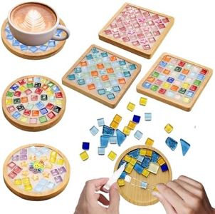 KDBDSYZB 6 Sets DlY Mosaic Tiles for Crafts,Mixed Color Glass Mosaic Kits with Wooden Coaster for Adults,DlY Coasters Kit Mosaic Supplies for Handmade Home Decoration Gift (Round and Square)