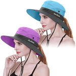 2 Pieces Womens Ponytail Wide Brim Sun Hat Packable UV Protection Beach Cap for Fishing & Hiking (Purple& Sky Blue)