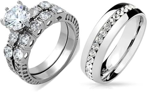 His Hers Couple Ring Set Womens 5 Stone Type Round CZ Stainless Steel Wedding Ring Set Mens All Around CZs Wedding Band, Non-Precious Metal, Cubic Zirconia