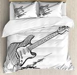 Ambesonne Guitar Duvet Cover Sets, Hand Drawn Style Electric Guitar on White Backdrop Rock Music Accords Sketch Art, Bedding Set with 2 Duvet Covers & 4 Pillowcases, 2 Pack Queen Size, Black White