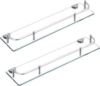 Koilria Glass Bathroom Shelf, Glass Shower Shelves for Bathroom Rectangular Tempered Glass Floating Shelves for Wall with 304 Stainless Steel Rail and Zinc Alloy Bracket, 2 Pack
