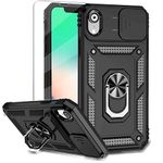 Teayoha for iPhone XR Phone Case, with Screen Protectors and Camera Cover, Military Grade Shockproof Cover with Magnetic Rotatable Ring Kickstand Protective Case for iPhone XR 6.1'',Black