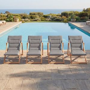 DAYAOUTDOOR Folding Wooden Lounge Chairs Set of 4, Outdoor Adjustable Reclining Patio Beach Chair with Thick Cushion, Portable Deck Lounge Chair for Backyard Lawn Pool Camping Balcony,Grey