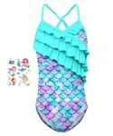 One Pieces Swimsuit for Girls, Mermaid Kids Beachwear One Piece Swimsuit, Beach Swimwear Ruffle Pool One Pieces Bikini Swimsuit with Mermaid Tattoos, Bathing Suit with Adjustable Shoulder Straps