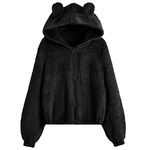 tuduoms Women's Fashion Teddy Bear Hoodies Cute Ears Plush Warm Winter Jakcet Lightweight Long Sleeve Fleece Sweatshirt Tops, Black, Large