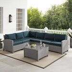 DEVOKO Wicker Patio 3PCS Outdoor L Shape Rattan Sofa Set with Cushions and Center Table Deck Furniture for Garden, Porch, Backyard (Silver & Navy Blue)