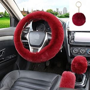 WenMei 4PCS Set Fluffy Steering Wheel Covers with Handbrake Cover&Gear Shift Cover&Plush Keychain Furry Steering Wheel Cover for Women Girl Fashion Warm Car Wheel Protector Fit Most Car (Wine Red)