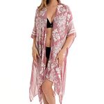 Venzina Cotton Women Coverups For Beach Wear,Floral Print Beachwear For Women,Summer Swimsuits Beach Coverup,Vacation Casual Style Cover Up For Bikini Swimwear-3/4 Sleeve,Open Front,Pink,Onesize