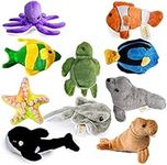 Prextex 10 Piece Plush Soft Stuffed Sea Animals Playset Plush Sea Life Assortment, Turtle, Stingray, Nemo Fish, Killer Whale and More