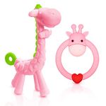 SHARE&CARE BPA Free Silicone Giraffe and Giraffe Ring Baby Teething Toy with Storage Case, for 3 Months Above Infant Sore Gums Pain Relief, Set of 2 Different Teethers (Pink)