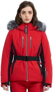 HIGH EXPERIENCE Women Ski Jacket Snowboard Fitted Slim Fit Short Snow Coat Belted Mountain Waterproof Insulated Warm Winter (US, Alpha, X-Large, Regular, Regular, Red)