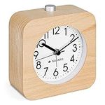 Navaris Analogue Wood Alarm Clock - Square Retro Table Clock Design with Snooze, Alarm, Backlight Functions - Light Brown Wood, White Face