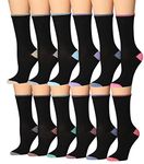 Tipi Toe Women's 12-Pairs Lightweight Fun Plain Black Accented Toe Heel Colored Crew Socks, WC94-T1