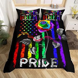 Erosebridal American Flag Duvet Cover for Boys Girls Adult,Glowing Rainbow Stripes Bedding Set Full,LGBT Gay Pride Comforter Cover,Grunge Geometric Tie Dyed Floral Quilt Cover with 2 Pillowcases