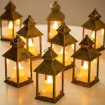 Mini Lanterns Decorative for Centerpiece - Romadedi 10 PCS Hanging Small Gold Lantern Bulk with Flickering LED Candles for Christmas Decorations Halloween Wedding Table Decor, Batteries Included