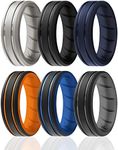 ROQ Silicone Rubber Wedding Ring for Men, Comfort Fit, Men's Wedding Band, 8mm Wide 2mm Thick, 2 Thin Lines Beveled Edge Duo, 6 Pack, Silver, Black, Dark Blue, Orange, Light Blue, Grey, Size 12