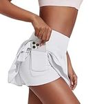 PINSPARK Women's Tennis Skirt High Waist Tennis Skort V-Waistband Ruffle Sports Skirt Summer Golf Skirt with 3 Pockets Pleated Skirt Workout Running with Inner Pants White