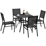 Outsunny 5 Pieces Patio Dining Set for 4, Outdoor Table and Chairs with Umbrella Hole, Faux-Wood Steel Top, Aluminum Frame, Mesh Seat and Back for Garden, Patio, Backyard, Grey