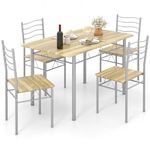 COSTWAY 5 Piece Dining Table Set, Kitchen Table and 4 Chair Set with High Backrest & Anti-slip Footpads, Metal Frame Rectangular Breakfast Table Chair Set for Home Restaurant (Dark Natural+Silver)