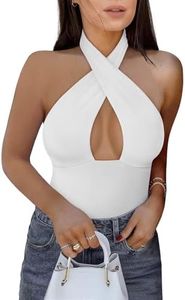 REORIA Women's Sexy Criss Cross Halter Neck Sleeveless Party Club Night Going Out Thong Bodysuits Tops White Small