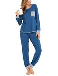 SWOMOG Women’s Pajamas Set Long Sleeve Top with Pants 2 Pieces Sleepwear Soft Modal Pj Set Blue