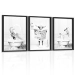 Heiple Set of 3 Framed Bathroom Wall Art Funny Penguin, Cow & Elephant for Funny Bathroom Wall Decor Hanging Farmhouse Home Bathroom Decor Sets Vintage Humor Animals Wall Art Bathroom