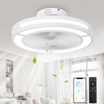 Ohniyou Low Profile Ceiling Fan with Light, 19'' Small Flush Mount Ceiling Fan, Modern Bladeless Enclosed Ceiling Fans with Dimmable LED Light and Remote for Bedroom, Kid Room, Living Room (White)