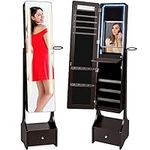 Best Choice Products Standing Full Length LED Mirror Jewelry Makeup Storage Organizer Cabinet Armoire w/Interior & Exterior Lights, Touchscreen, Pop-Up Shelf, Velvet Lining, 4 Compartments, Drawer