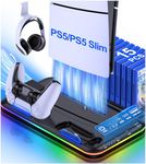 HELLCOOL PS5 Cooling Stand with Turbo Cooler Fan & RGB Light, PS5 Stand for Slim Disc & Digital Edition, Controller Charger/15 Games Card Case/Headset Holder