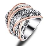 Mytys Silver 2 Tone Wide Statement Rings Vintage Cable Wire Crossover Chunky Band Rings for Women Men (rose gold, 9)