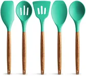 Zulay Kitchen Utensils Set Non-Stick Silicone Cooking Utensils Set with Authentic Acacia Wood Handles - 5 Piece Silicone Utensil Set - Silicone Kitchen Utensils Set with 464°F Heat Resistance - Mint