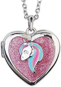 Pink Unicorn & Silver Heart Locket Necklace for Little Girl | Sparkly Glitter Animal Pendant | Secret Inside Storage | Silver Tone Chain