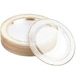 MATANA 20 Clear Plastic Party Plates 10" Inch/ 26cm - Hammered Gold Rim Dinner Plates, Salad Dessert, Appetizer Plates - Heavy Duty & Reusable for Christmas Parties, Wedding & Events