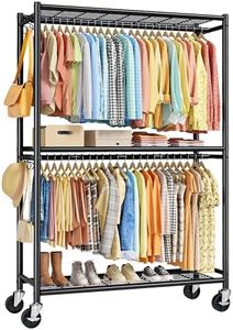 Sakugi Clothes Rack - Double Hanging Rod Clothing Rack with Wheels & Leveling Feet, Large Capacity Wardrobe Closet with Shelves for Bedroom, Laundry Room, Entryway, 45.2" x 12.6" x 80.7", Black
