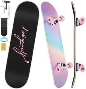 ILAHUI - Monopatín para Adolescentes, niña, Adulto, Principiantes, 7 Capas, Madera de Arce, Bandeja de 80 x 20 cm, para Llevar Bolsa de monopatín – Polvo Arco Iris