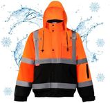 ProtectX Hi Vis Winter Waterproof Bomber Safety Jacket for Men, High Visibility Reflective Work Construction Hooden Jacket, Orange, Medium