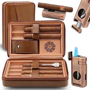 TISFA Cigar Humidor, Leather Cedar Wood Cigar Case with Cigar Lighter, V Cut Cigar Cutter, Cigar Holder 3 in 1, Portable Travel Cigar Humidor Box with Humidifier (Brown)