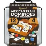 Queensell Mexican Train Dominoes Set for Adults with Wooden Hub, Tile Board Game - Dominos Set for Classic Board Games - Double 12 Dominoes Set for Family Games (Double 12) (D12 + 4 Holders)