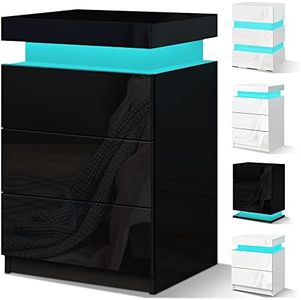 ALFORDSON LED Bedside Table High Gloss Nightstand with 3-Drawer Wooden Home Bedroom Storage Cabinet Organiser Side End Table for Living Room and Bedroom in Black Colour