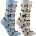 WHD Horse Socks 2-Pack Fuzzy Horses (Light Blue Heather/Oatmeal Heather, Medium)