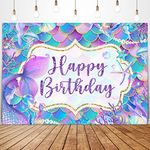 Glawry Mermaid Birthday Backdrop 7Wx5H Feet Girls Undersea Purple Green Aqua Mermaid Tail Scale Birthday Party Decorations Photography Background Photo Booth Studio