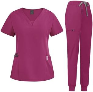 niaahinn Scrub Suit Set for Women Modern V-neck Top & Tapered Leg Jogger Pants with Drawstring Medical Nursing Uniforms Set (Rose Pink, XS)