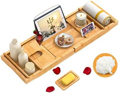Domax Bathtub Caddy Tray Expandable Bamboo Tub Tray for Luxury Bath with Book Holder and Free Soap Dish Yellow