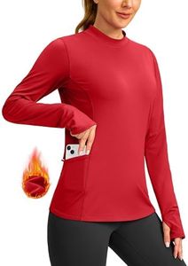 SANTINY Long Sleeve Thermal Shirts for Women Fleece Mock Neck Tops Winter Workout Running Gear with Zipper Pockets(Red_XXL)