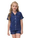 Alunsito Baby Girl Boy Satin Silk Pajamas Set V-Neck Short Sleeve Top T-Shirt + Shorts Sleepwear Button Down Satin Kids 2 Piece Summer Nightwear Loungewear Set Blue 160 13-14 Years