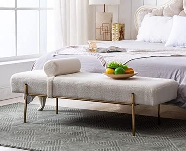 QUINJAY Modern End of Bed Bench, Upholstered Entryway Bench with Detachable Pillow for Living Room, Faux Fur Ottoman Bench with Gold Metal Legs, Comfy Cushion Bedroom Decoration Benches (White)