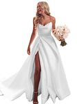 GUKARLEED Women's Off The Shoulder Wedding Dresses for Bride Satin Prom Dress with Trains Strapless Slit Formal Evening Gown, White, 18 Plus