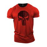 GYMTIER Skull USA Flag Men's Gym T-Shirt Bodybuilding Training Workout Lifting Top Clothing, Red, 4XL