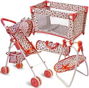 Baby Doll Accessories Set - 3-1 Baby Doll Furniture Set with Baby Doll Stroller, Baby Doll Crib, Baby Doll Swing - Baby Doll Bed Set for 18” Doll - Play Baby Doll Toys for 18" Dolls - Floral